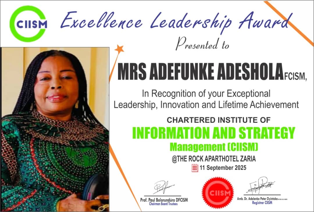 CIISM Excellence Leadership Award certificate presented to Mrs Adefunke Adeshola FCISM